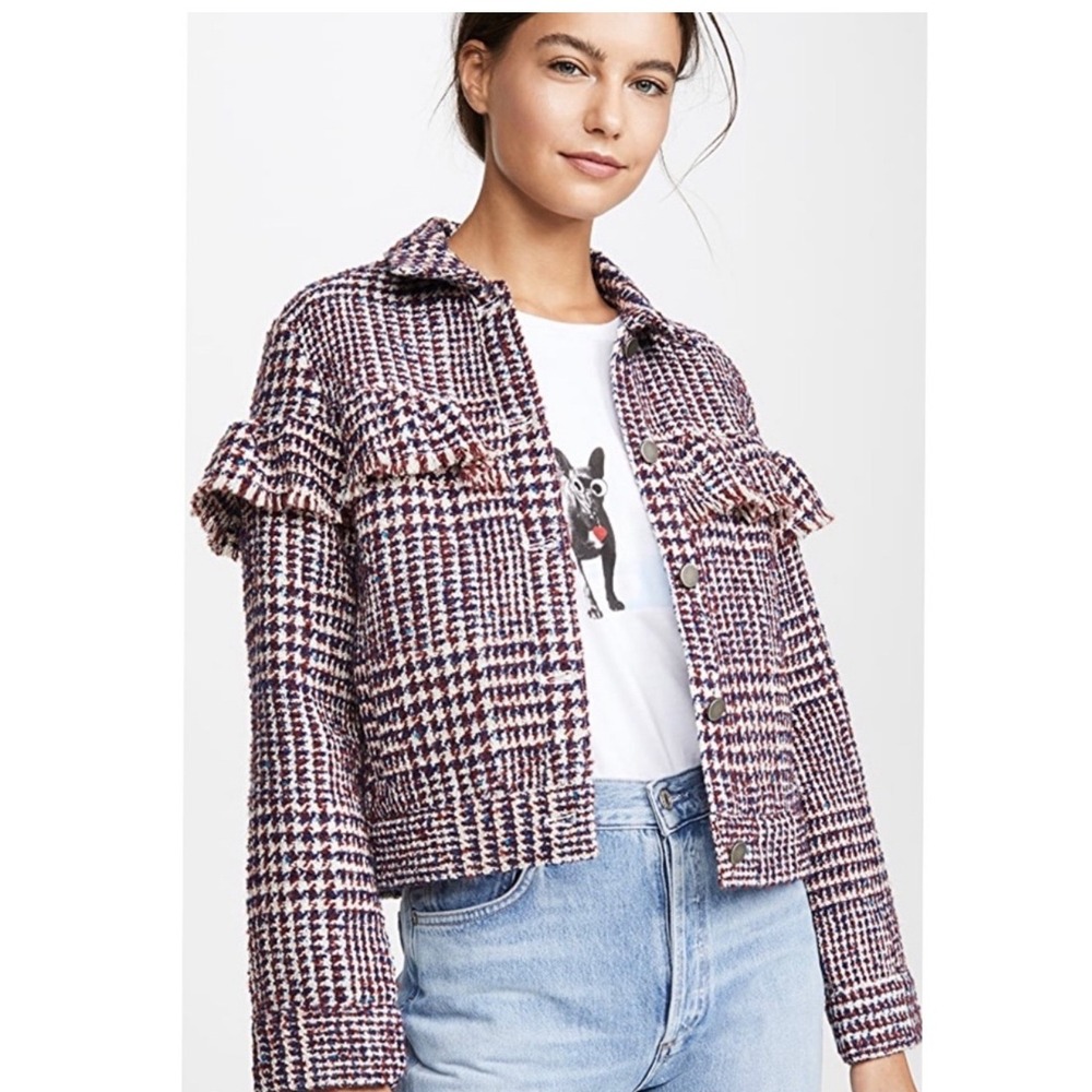 JACK by BB Dakota Houndstooth Tweed Cropped Jacket Ruffle Trim‎ Red Blue White